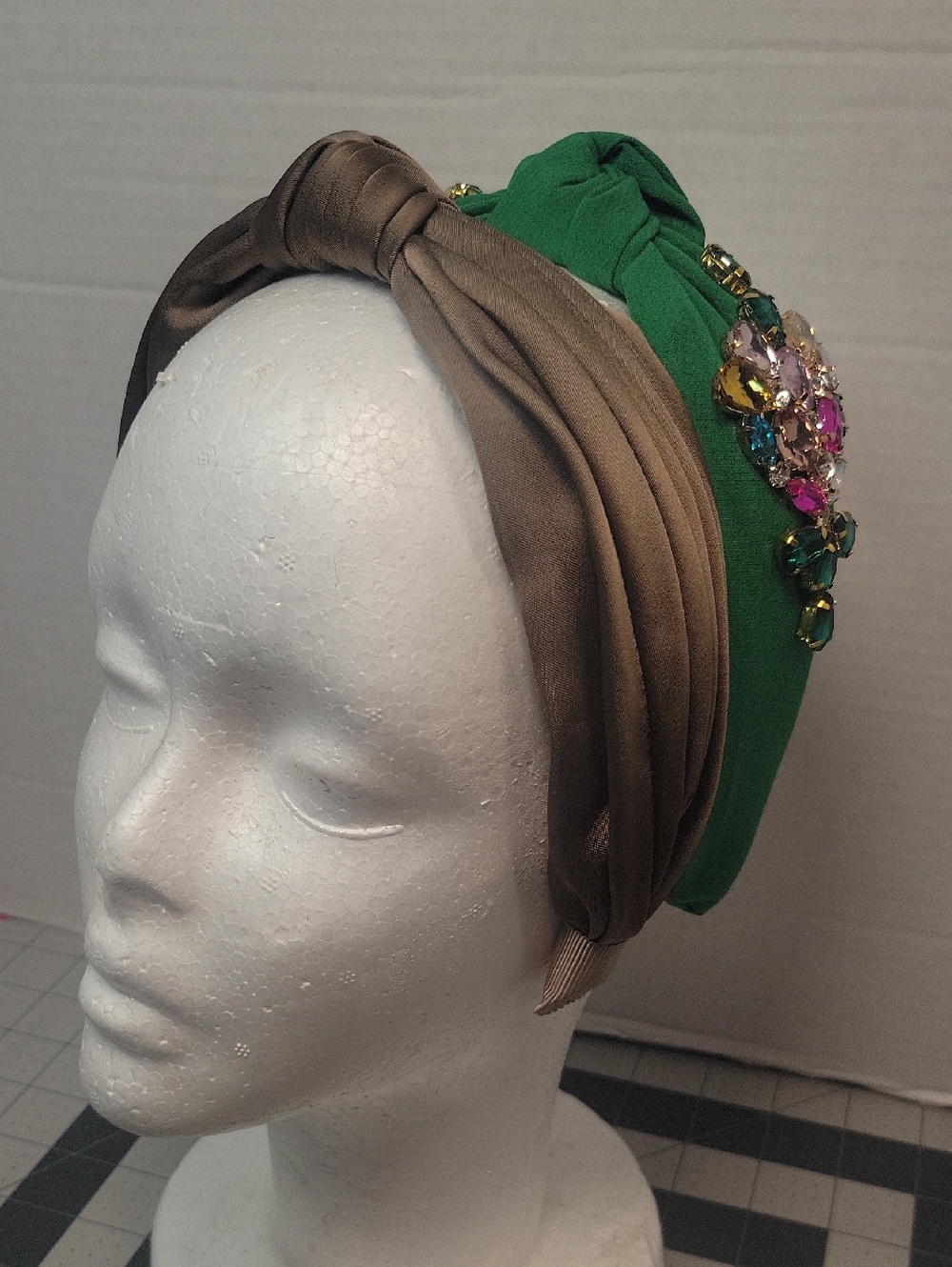 Boutique Knot Headband Set Taupe & Green Jeweled Rhinestone Statement Headbands